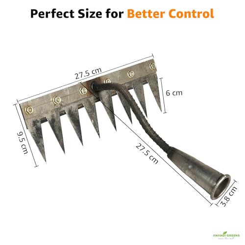 Image of Anandi Green's 8 Teeth Garden Rake Heavy Duty Carbon Steel Rake Handle for Soil Loosening, Weeding, Lawn & Yard Cleaning Multipurpose Outdoor Gardening Tool for Home Farm & Agricultural Use