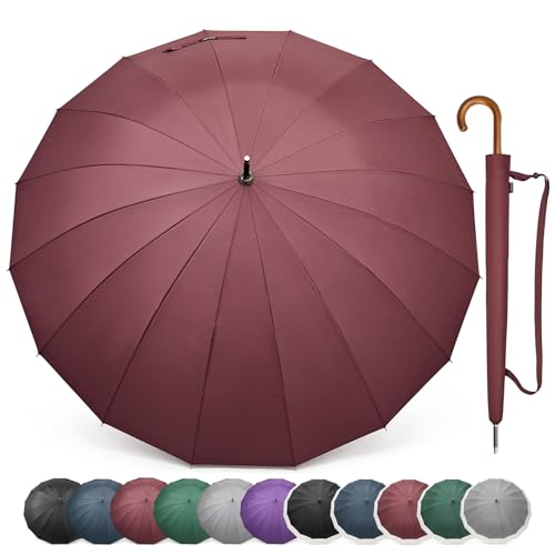 G4Free 54 Inch Large Windproof Umbrella for 2 Persons, 16 Ribs Auto Open Classic Wooden J Handle Cane Stick Golf Rain Umbrellas for Men Women Travel 120cm (Burgendy)