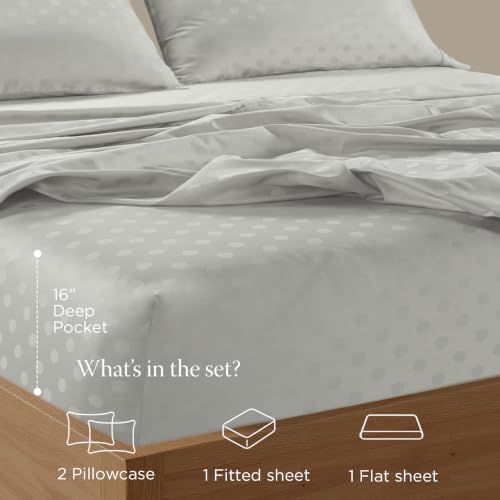 Image of Threadmill 300TC Cotton Full Sheet Set, Sateen, Jacquard, Light Grey | 100% Cotton, Sateen Weave, Jacquard Pattern, 4-Piece Set, 16 inch Deep Pocket, Cooling, OEKO-TEX Certified, Machine Washable