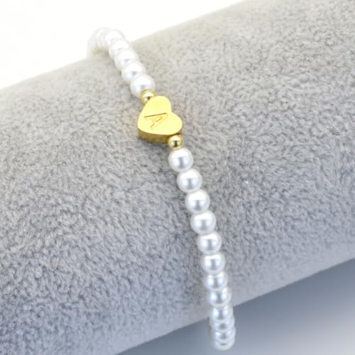 Imitation Pearl Bracelets for Women A to Z Letter Bracelet Gold Heart Elastic Beaded Bracelets Statement Jewelry Gift3