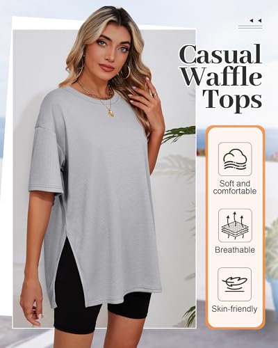 3 Pack Women's Oversize Short Sleeve Tops Waffle Knit Crewneck T-Shirts Summer Casual Side Split Tees4
