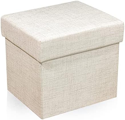 CAROLMADE Folding Storage Ottoman Linen Multipurpose Foot Rest Stool Toy Box for Bedroom and Living Room Beige, 14.9"x12.5"x13"