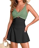 HEYTALALA Women One Piece Swimsuits with Skirt Tummy Control Swimdress Cutout Bathing Suits Wrap Push Up Swim Dress 1 Piece Swim Suit 2025 Green XL