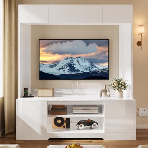 YITAHOME Wall Unit Entertainment Center for 65 Inch TV, Tall TV Stand with Power Outlets & Storage Cabinet, High Modern Media Console Table for Living Room, White