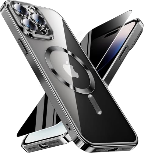 Image of Magnetic for iPhone 14 Pro Max Case with Privacy Screen Protector & Full Camera Cover,[Non-Yellowing] Plating Glossy Soft Shockproof Clear Phone Case with MagSafe Women Girls for 14 ProMax,Black