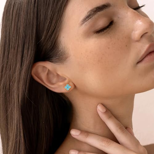 Gold Stud Earrings for Women Trendy 14K Gold Plated Dainty Small Red Flower Cubic Zriconia Clover Studs Birthstone Earrings Jewelry for Women Birthday Gifts2