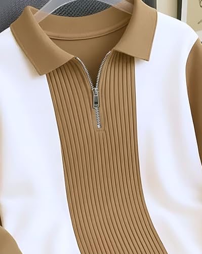 Image of Mens Stylish Half Zipper Collared Neck Tshirt, Casual Texture T-Shirt for Men, Formal Full Sleeves T-Shirt for Boys, Texture Tshirs for Boy
