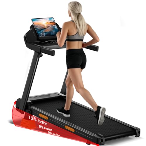 UMAY Tapis de Course Pliable 14KM/H,Tapis Roulant Electrique Pliable 3.0HP/2200W avec Moniteur de Fréquence Cardiaque,APP et Haut-Parleur,Tapis de Marche...