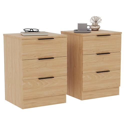 Vida Designs Trega - Juego de 2 mesitas de noche compactas de pino con 3 cajones, 50 x 39 x 28 cm, madera de ingeniería, cajones deslizantes, asas negras, ideal para dormitorio y habitación de
