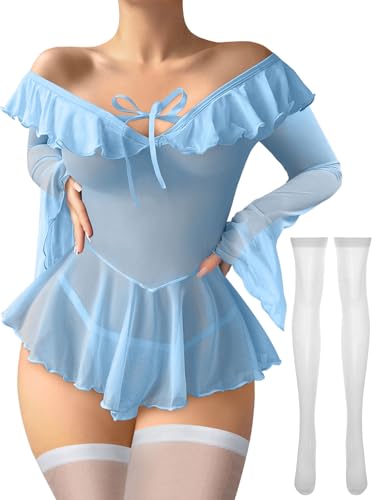Image of Foxiny Sheer Ruffle Long Sleeve Babydoll Lingerie Dress | Off-shoulder neckline, flared cuffs and a flounce hem add movement; thong and thigh-high stockings complete the 3-piece set