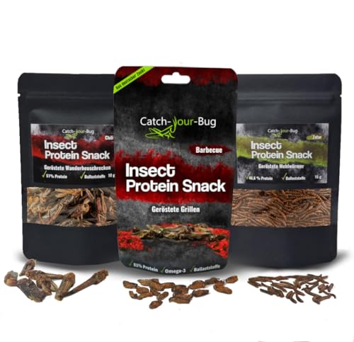 Insekten zum Essen 3er-Pack verzehrfertig von Catch-Your-Bug, gewürzte Heuschrecken, Mehlwürmer & Grillen, essbare Insekten für Menschen 40g, High Protein Snack mit über 40% Protein