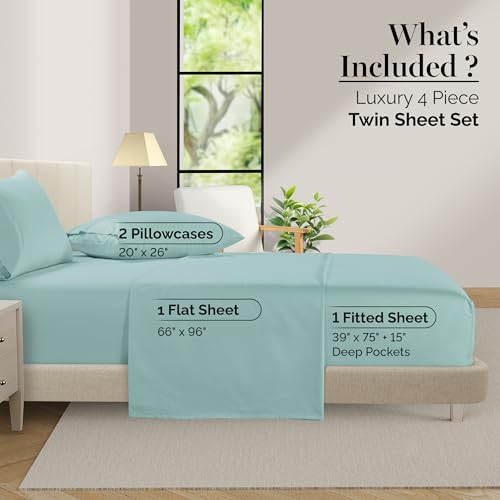 Casa Platino 100% Egyptian Cotton Sheets Twin Size Set - 4 Pcs (1 Flat, 1 Fitted, 2 Pillowcases)- Ultra Smooth Sateen Weave Bed Sheets Set with 15" Deep Pockets - Blue Sky