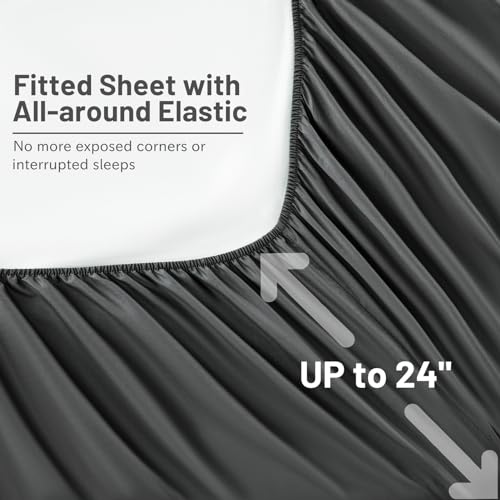 MEISHANG Extra Deep Pocket Queen Sheets Cotton - 1000 Thread Count Sheets - Fits 18"-24" in Deep Mattress,100% Egyptian Cotton,Sateen Weave, Soft & Breathable - 4 Piece (Queen, Dark Grey)