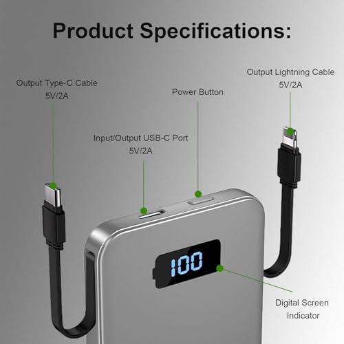 RRUHHK Ultra-Slim 5000mAh Portable Charger for iPhone & Android, Mini Power Bank with Built-in Cables (USB-C & iOS), 5V/2A Small External Battery Pack for iPhone 16/15/14/13, Samsung, Google β Grey - 4
