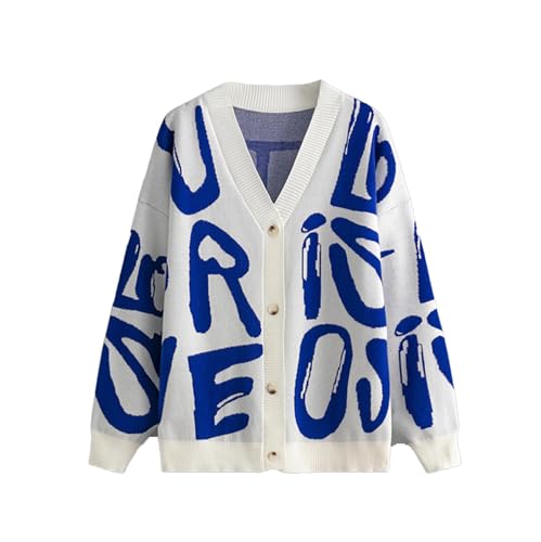 Image of Women's Knit Long Sleeve Open Front Cardigan V-Neck Button Down Letter Pattern Sweater Coat Outwear