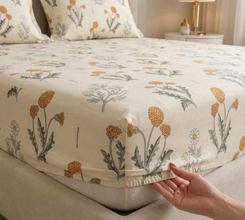 Image of Castiqa Elastic Fitted Supersoft Premium Polycotton 200TC Double Bedsheets King Size 78x72 Inch with 2 Pillow Covers (Fits Upto Mattress of 8Inches) (Cream Floral)