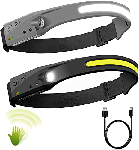 Tiergrade Linterna frontal LED, 2 paquetes de linternas frontales recargables con haz de luz ancho de 230°, sensor de movimiento, 5 modos, linterna frontal ligera a prueba de sudor Cover