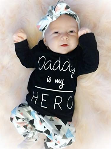 Baby Girls 3Pcs Outfit Set Letters Daddy Is My Hero T-Shirt Tops Geometric Pants With Headband (18-24 Months) #TOP1