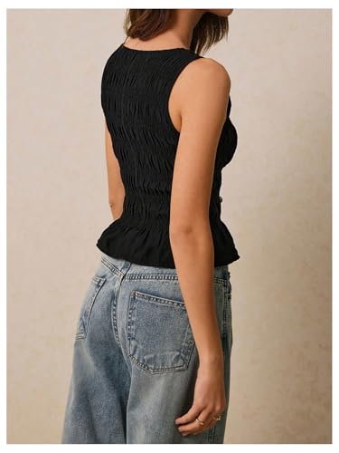 Milumia Women's Sleeveless Crewneck Frill Smocked Ruffle Crop Top Shirred Tank Top Shirt3
