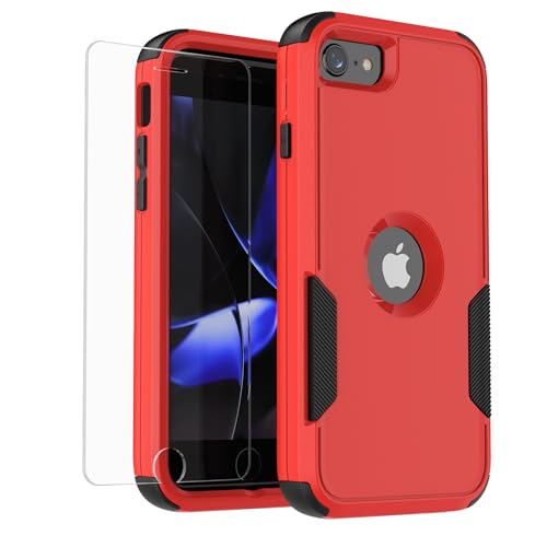 droperprote for iPhone SE 2022/2020 Case with Screen Protector Heavy Duty 3 in 1 Full Body Rugged Shockproof Hybrid Hard PC Soft Rubber Case for iPhone SE 3rd/2nd Gen 4.7 inch RedBlack