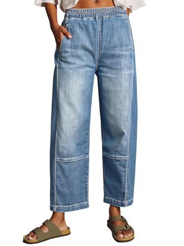Cicy Bell Womens Baggy Cropped Jeans Elastic High Waisted Wide Leg Trendy Stretchy Seam Barrel Capri Denim Pants