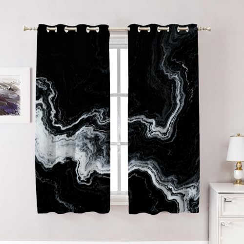 BaoNews Marble Waves Blackout Curtains for Bedroom, Skin Black Marble Drapes Plastic Grommet Top Insulated Thermal Living Room, 52X63 in 2 Panels