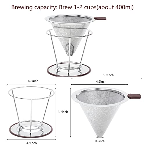 Malihoo Stainless Steel Pour Over Coffee Cone Filter, Honeycombed Cone Coffee Filter With Removable Stand,Paperless Pour Over Coffee Maker,Reusable Pour Over Coffee Filter 1-2 Cup #TOP4