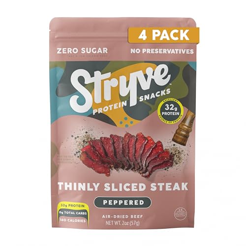 Stryve Protein Snacks - Better Than Jerky Steak Snacks. Protein Rich, Beef Biltong | 32g Protein, Sugar Free, Carbs Free, Gluten Free, Dairy Free, Keto & Paleo Friendly | Peppered, Pack Of 4