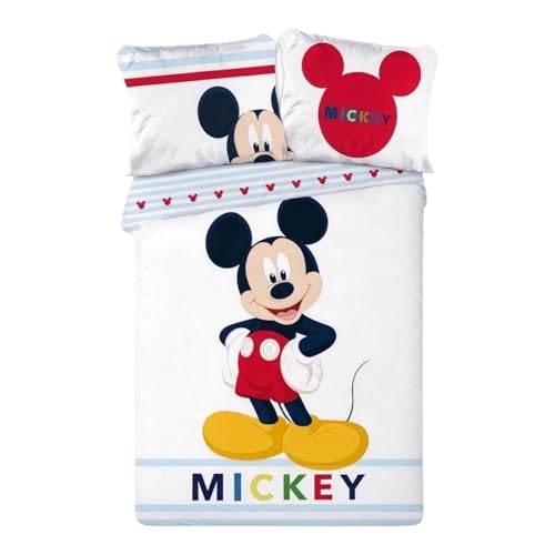 Parure de Lit Mickey, Housse de Couette Réversible Mickey avec Taie d'oreiller, 2 Pièces (140x200 cm + 63x63 cm), 1 Personne (Housse de Couette Mickey -a)