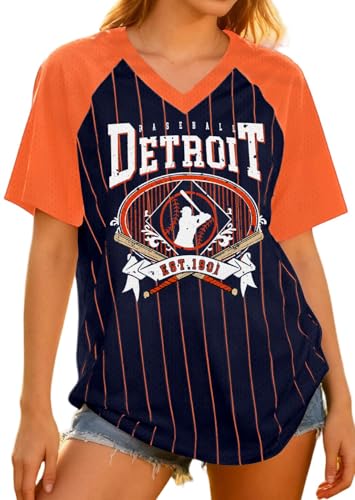Baseball Jersey Women Striped Baseball Shirt V Neck Game Day Shirts Baseball Fan Team Short Sleeve Tee Tops Darkblue