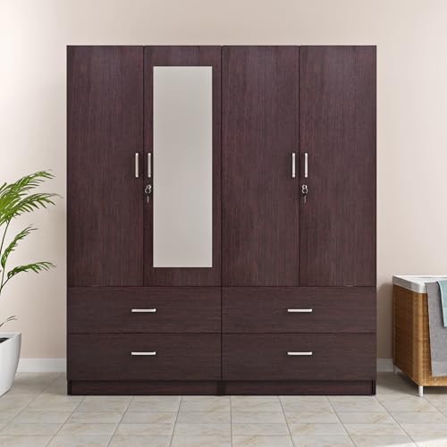 Image of VIKI Wardrobe | Wooden Almirah for 4 Door 4 Drawer with Shelves & Hanging Space Mirror Wardrobe (Dark Wenge - 40D x 160W x 180.8H) | 1 Year Warranty | Free Assembly