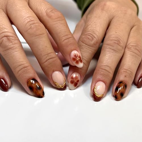 Stbisen Short Oval Soft Gel Press on Nails 24PCS, Reusable Oval Fake Nails, Stick on Nails,Glue on Nails with Flower & Tortoise Shell Design, Nude Brown Press on Nail for Women
