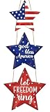 Wooden 4th of July Decoration Door Wreath for Front Door Sign Star Wall Signs, Independence Day Patriotic Day Wreath Welcome Memorial Day Hanging for Home Wall Decor Party Outdoor Indoor Star