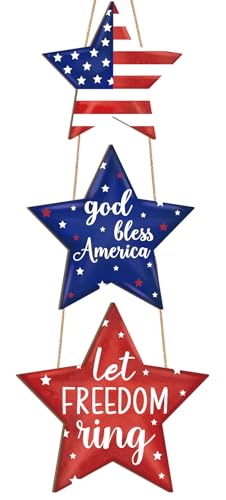 Wooden 4th of July Decoration Door Wreath for Front Door Sign Star Wall Signs, Independence Day Patriotic Day Wreath Welcome Memorial Day Hanging for Home Wall Decor Party Outdoor Indoor Star