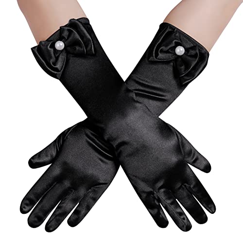 Yolyoo Girls Princess Gloves Girl White Long Satin Princess Dress Up Diamonds Bows Gloves for Birthday Wedding Costume Party (Black)