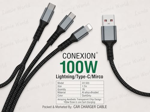 Image of 3 in 1 Fast Charging Cable 100W, USB to Type C + Lightning + Micro USB, Braided Multi Charging Cable for iPhone, Samsung, OnePlus, Xiaomi & Android Devices, Universal Charger Cable, 1.2M