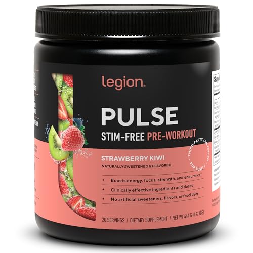 LEGION Pulse Pre Workout Supplement - All Natural Nitric Oxide Preworkout Drink Creatine Free Naturally Sweetened Beta Alanine Citrulline Alpha GPC - Caffeine Free Strawberry Kiwi Pre Workout Powder