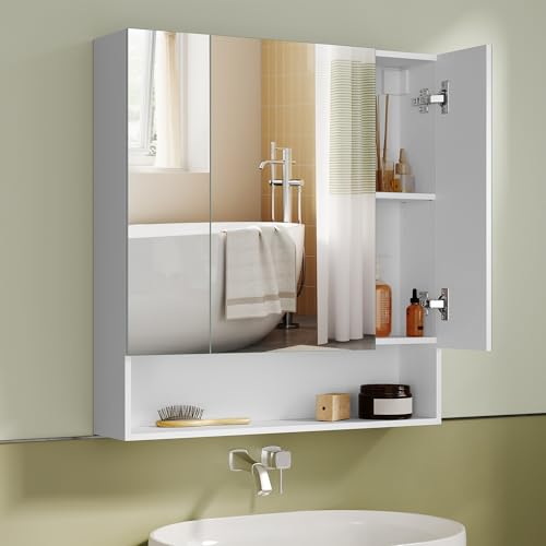 VASAGLE Kailyn Collection - Armoire de Salle de Bain avec Portes Miroir, Meuble de Rangement Mural, Compartiment Ouvert, Étagères Réglables, 16,5 x 70 x 75...
