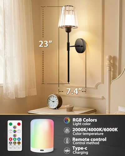 Image of Adetu 23 inch Crystal Battery Operated Wall Sconce Set of 2 | Black Rechargeable Wall Sconce with 10000mAh Magnetic Bulbs, RGB Dimmable Wireless Wall Lamp for Bedroom Living Room