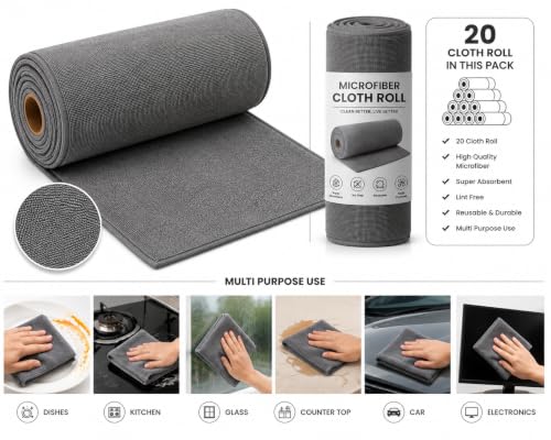 Image of Large Microfiber Cleaning Cloth Roll, 20 Cloth Roll Pack, Reusable Lint Free Kitchen Cleaning Cloth, Super Absorbent Multipurpose Wiper for Kitchen, Glass, Car & Home |