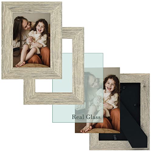 Frametory, 5X7 Photo Frame Beige Distressed Grain Style - Frames For 5 By 7 Picture Or Photo - Wide Moulding Design With Real Glass - Wall Display Or Tabletop Display (2 Pack) #TOP6