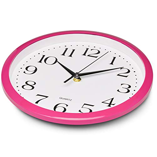 Bernhard Products Pink Wall Clock 10 Inch Silent Non Ticking Battery Operated Quality Quartz Round Easy to Read Home/Office/Kitchen/Nursery/Girl's Bedroom/Classroom/Kids Playroom/School Clock