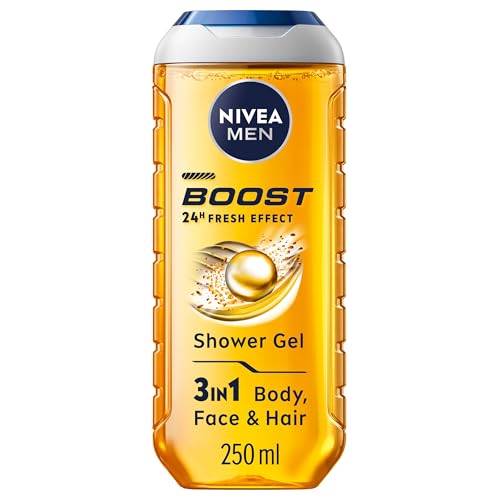 NIVEA MEN BOOST Shower Gel (250 ml), Moisturising 3-in-1 Body Wash for Men with Naturally Sourced Caffeine, Revitalising NIVEA MEN Shower Gel