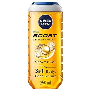 NIVEA MEN BOOST Shower Gel (250 ml), Moisturising 3-in-1 Body Wash for Men with Naturally Sourced Caffeine, Revitalising NIVEA MEN Shower Gel