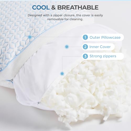 Image of Sweetnight Cooling Pillows King Size Set of 2, Shredded Memory Foam Pillows 2 Pack for Hot Sleepers, Cold Bed Pillows for Sleeping, Washable with Removable Cover, Cool Night