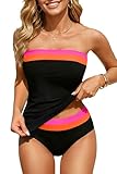 Daci Black Pink Color Block Bandeau Tankini Swimsuits for Women - Two Piece Ruched Tummy Control Bathing Suit Strapless Swimwear with Bottom L
