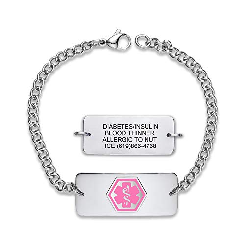 Divoti Deep Custom Engraved Classic Medical Alert Bracelets for Women / Men, Stainless Steel Medical Bracelet, Medical ID Bracelet Adjustable - w/Free Engraving-Pink