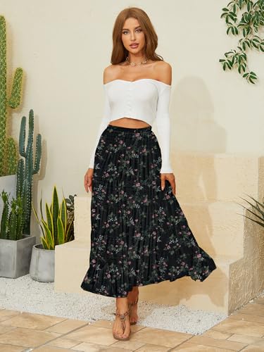 Image of NASHALYLY Women's Chiffon Elastic High Waist Pleated A-Line Flared Maxi Skirts