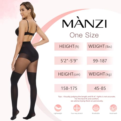 MANZI Women's Faux Thigh High Tights Mock Over the Knee Socks Black Opaque Goth Tights Stitching Sheer Pantyhose