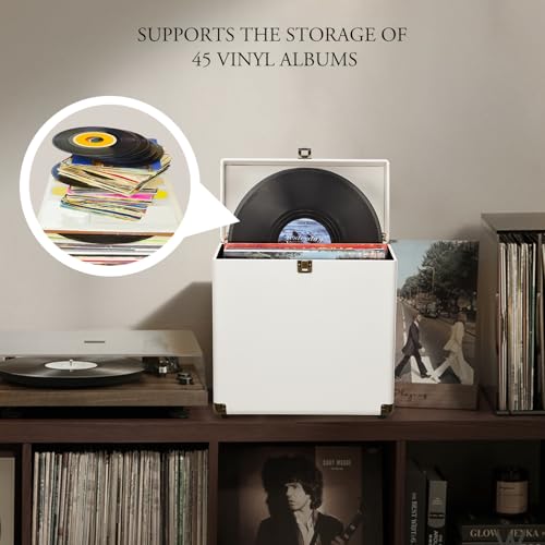 Tayqwiheva Plattenkoffer LP-Koffer Vinyl Schallplattenkoffer mit Schloss Koffer für Schallplatten von 45 LP Schallpaltten Aufbewahrungsbox,Weiß